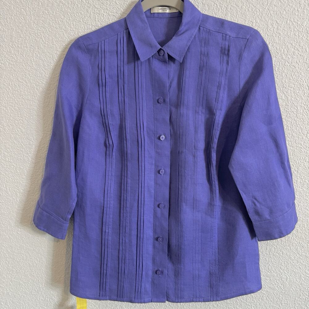 Liz Claiborne Small Purple 100% Pleat Front Linen  3/4 sleeve Blouse Shirt